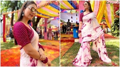Earlier, Disha had posted pictures from her Holi celebrations on Instagram. The photos showed the star dressed in a printed white saree adorned with a purple patti border. She teamed it with an embroidered purple blouse, bangles, sunglasses and jhumkis. What do you think of Disha's look? (Instagram/@dishaparmar) Earlier, Disha had posted pictures from her Holi celebrations on Instagram. The photos showed the star dressed in a printed white saree adorned with a purple patti border. She teamed it with an embroidered purple blouse, bangles, sunglasses and jhumkis. What do you think of Disha's look? (Instagram/@dishaparmar)