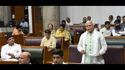 Haryana CM Manohar Lal Khattar speaking during the state budget session in Chandigarh on Monday. (PTI)