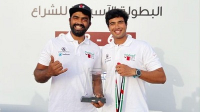 KC Ganapathy (right) and Varun Thakkar after winning the 49er gold medal at the 2022 Asian Sailing Championships in Abu Dhabi.