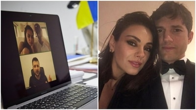 Left- Mila Kunis and Ashton Kutcher on a video call with Ukrainian President Volodymyr Zelenskyy. Right- A picture of Mila and Ashton. Left- Mila Kunis and Ashton Kutcher on a video call with Ukrainian President Volodymyr Zelenskyy. Right- A picture of Mila and Ashton.