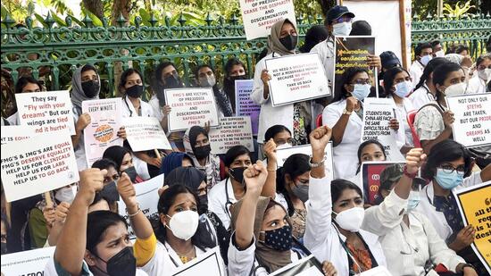 Students pursuing medical education in Ukraine and China during a protest organised by Foreign Medical Graduates Parents Association, seeking government intervention for continuing their interrupted studies, in front of the Kerala Secretariat, in Thiruvananthapuram on Saturday. (PTI)