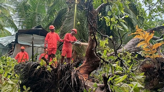 National Disaster Response Force (NDRF) team clears trees in vulnerable areas as a precautionary measure for the Cyclone Asani, in Andaman.(ANI)