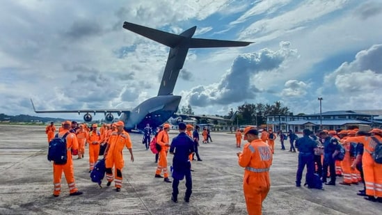 NDRF personnel airlifted to Andaman Nicobar Islands in view of Cyclone Asani, in Arakkonam, Sunday.(PTI)