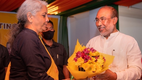 Nirmala Sitharaman presents a bouquet to BJP leader N. Biren Singh after his election as the leader of BJP Manipur Pradesh legislative party &amp; Chief Minister of Manipur,&nbsp;(PTI)