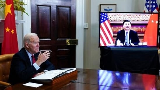 President Joe Biden's virtual meet with Chinese President Xi Jinping from the Roosevelt Room of the White House in Washington.(AP)