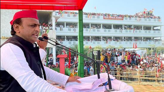 Samajwadi Party national president Akhilesh Yadav at a public meeting during the recently concluded Uttar Pradesh assembly polls. (FILE PHOTO)