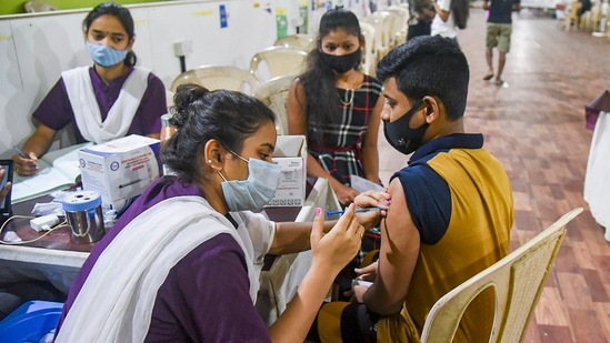A beneficiary receives the Covid-19 vaccine in Mumbai. (PTI Photo)
