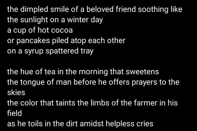 A poem written by Ananya Nair, the editorial head of Kavyanjali, which is the poetry society of Hansraj College. A poem written by Ananya Nair, the editorial head of Kavyanjali, which is the poetry society of Hansraj College.