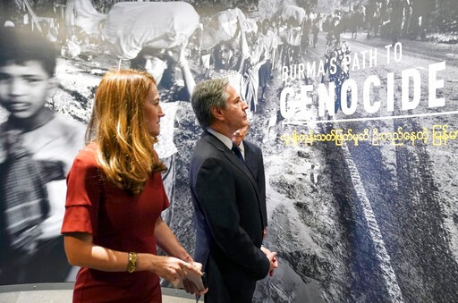 Secretary of State Antony Blinken tours the "Burma's Path To Genocide" exhibit at the United States Holocaust Memorial Museum on Monday. (AP) Secretary of State Antony Blinken tours the "Burma's Path To Genocide" exhibit at the United States Holocaust Memorial Museum on Monday. (AP)