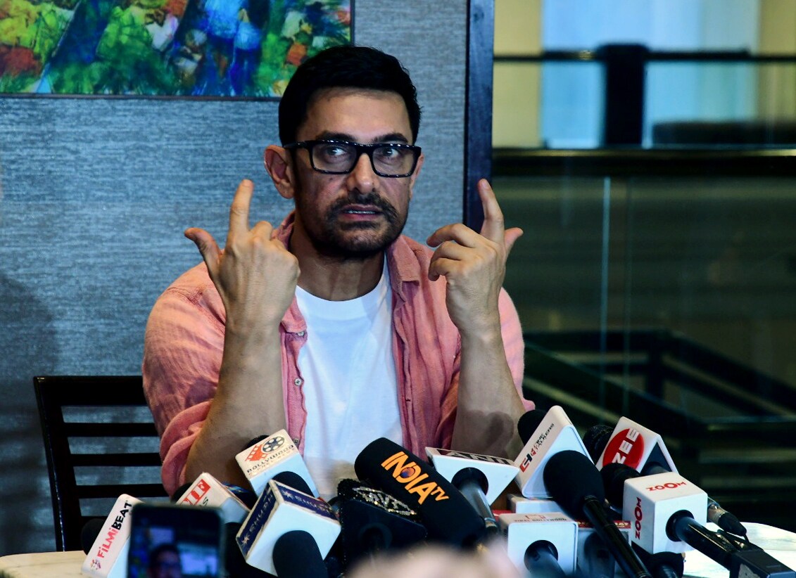 Aamir Khan speaks to the media in Mumbai in March 2022. (ANI)