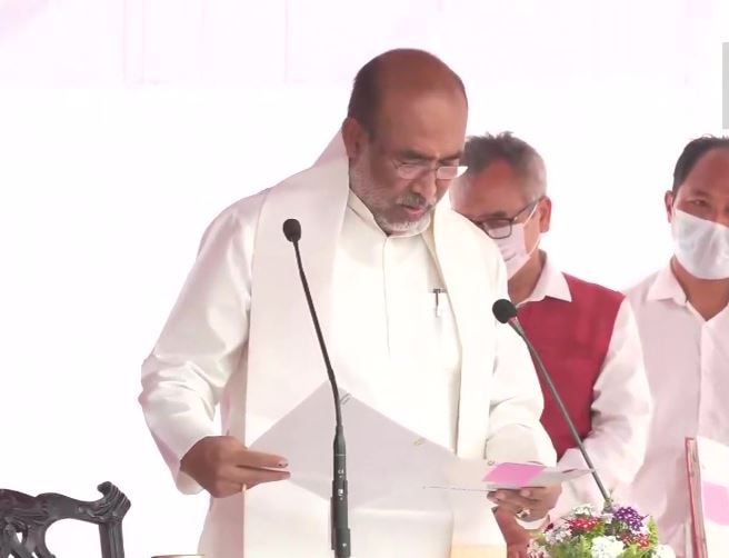 N Biren Singh was unanimously elected as leader of the legislature party of the BJP during a meeting held on Sunday. (ANI Photo)