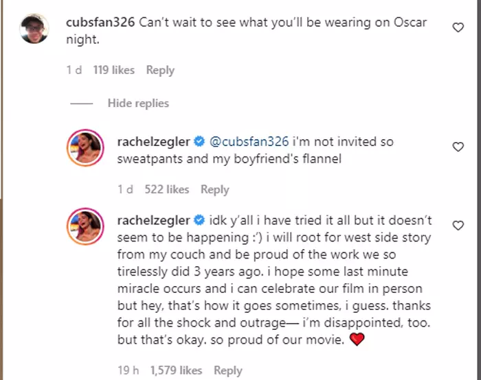Rachel Zegner replies a fan who asked her what she is wearing at the Oscars.