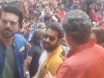 Jr NTR, Ram Charan and SS Rajamouli in Jaipur during RRR promotions.