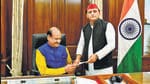 Samajwadi Party chief Akhilesh Yadav submits his resignation to Lok Sabha speaker Om Birla, in New Delhi on Tuesday (PTI)