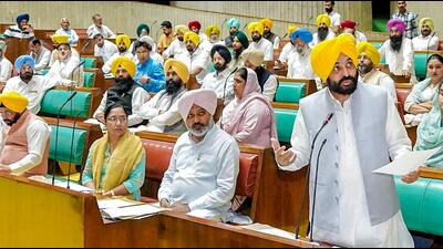 Punjab chief minister Bhagwant Mann speaking in the state legislative assembly, in Chandigarh on Tuesday. Mann moved the resolution for the installation of statues of Bhagat Singh and Dr Ambedkar in the state assembly – a heritage building, in Chandigarh. Maharaja Ranjit Singh’s name was added to the resolution after a Congress leader suggested it. (ANI) Punjab chief minister Bhagwant Mann speaking in the state legislative assembly, in Chandigarh on Tuesday. Mann moved the resolution for the installation of statues of Bhagat Singh and Dr Ambedkar in the state assembly – a heritage building, in Chandigarh. Maharaja Ranjit Singh’s name was added to the resolution after a Congress leader suggested it. (ANI)