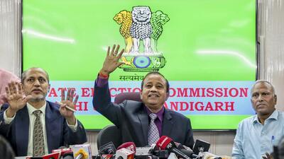 Members of the State Election Commission announcing the reunification of MCD on March 9. (PTI Photo)