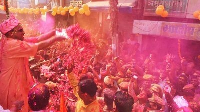 Yogi Adityanath during traditional Holi procession in Gorakhpur on Saturday. (Deepak Gupta/HT photo) Yogi Adityanath during traditional Holi procession in Gorakhpur on Saturday. (Deepak Gupta/HT photo)