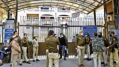 Security personnel outside Rohini court after the explosion on December 9, 2021. HT Security personnel outside Rohini court after the explosion on December 9, 2021. HT