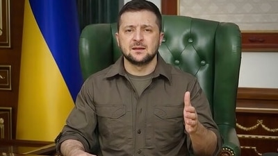 Ukrainian President Volodymyr Zelenskyy speaks from Kyiv, Ukraine. (AP)