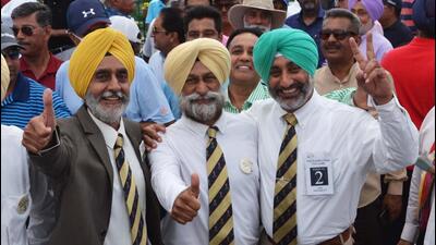 The three presidential candidates – (L to R) Lt Colonel HS Chahal (retd), SPS Ghai and Major Rajinder Singh Virk (retd) – in a jubilant mood at the Chandigarh Golf Club on Sunday. (Keshav Singh/HT) The three presidential candidates – (L to R) Lt Colonel HS Chahal (retd), SPS Ghai and Major Rajinder Singh Virk (retd) – in a jubilant mood at the Chandigarh Golf Club on Sunday. (Keshav Singh/HT)