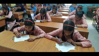 Students of Kanya upper primary school, Garhishyam, in Kandhla block of Shamli district participating in the examinations (Sourced)