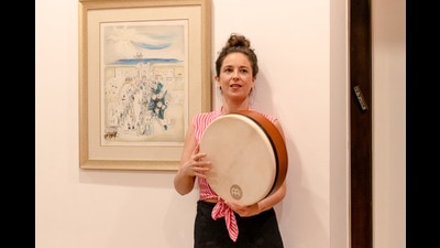 Liron Meyuhas playing the frame drum (Photos: Shadab Raza/HT Photo)