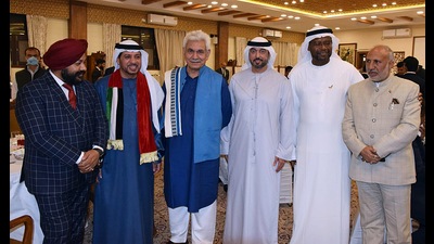 J&K LG Manoj Sinha (centre) with members of the delegation from UAE in Srinagar on Monday. (ANI) J&K LG Manoj Sinha (centre) with members of the delegation from UAE in Srinagar on Monday. (ANI)