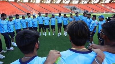 The Gujarat Titans squad during their first training session. (Gujarat Titans/Twitter) The Gujarat Titans squad during their first training session. (Gujarat Titans/Twitter)