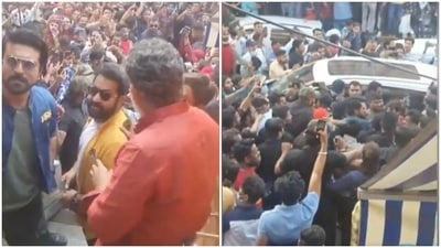Jr NTR, Ram Charan and SS Rajamouli in Jaipur during RRR promotions.