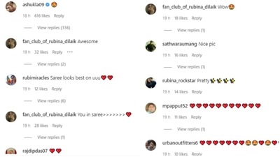 Rubina's post garnered several likes and comments from her fans. Abhinav Shukla also reacted to the post by dropping a heart-eye emoticon. One user wrote, "Saree looks best on you." Check out some of the comments. (Instagram/@rubinadilaik) Rubina's post garnered several likes and comments from her fans. Abhinav Shukla also reacted to the post by dropping a heart-eye emoticon. One user wrote, "Saree looks best on you." Check out some of the comments. (Instagram/@rubinadilaik)
