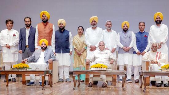 Punjab chief ministers Bhagwant Mann inducted 10 AAP MLAs as ministers in his cabinet, showing a preference for first-time legislators. All Mann cabinet ministers took oath at Punjab Raj Bhawan in Chandigarh on Saturday. (PTI)