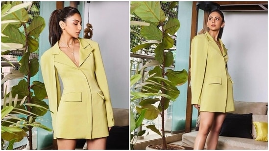 Rakul Preet is currently busy with the promotions of her upcoming film Attack which also stars John Abraham and Jacqueline Fernandez in lead roles. For a recent promotional event, the actor donned a yellow-green blazer dress featuring unstitched sleeves.(Instagram/@rakulpreet)