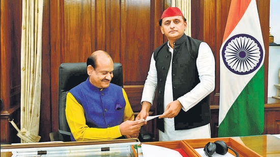 Samajwadi Party chief Akhilesh Yadav submits his resignation to Lok Sabha speaker Om Birla, in New Delhi on Tuesday (PTI)