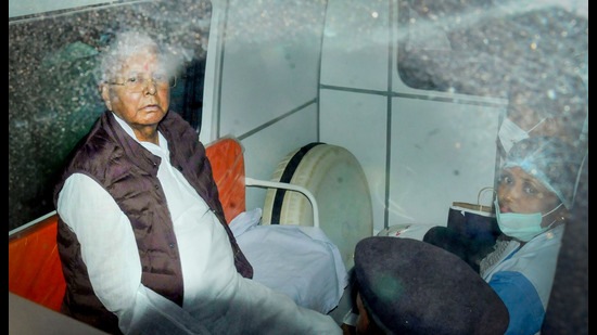 Rashtriya Janata Dal (RJD) chief Lalu Prasad Yadav being shifted to All India Institute of Medical Sciences (AIIMS) Delhi, from Rajendra Institute of Medical Sciences (RIMS), after his health condition deteriorated, at Birsa Munda International Airport in Ranchi on Tuesday. (PTI)