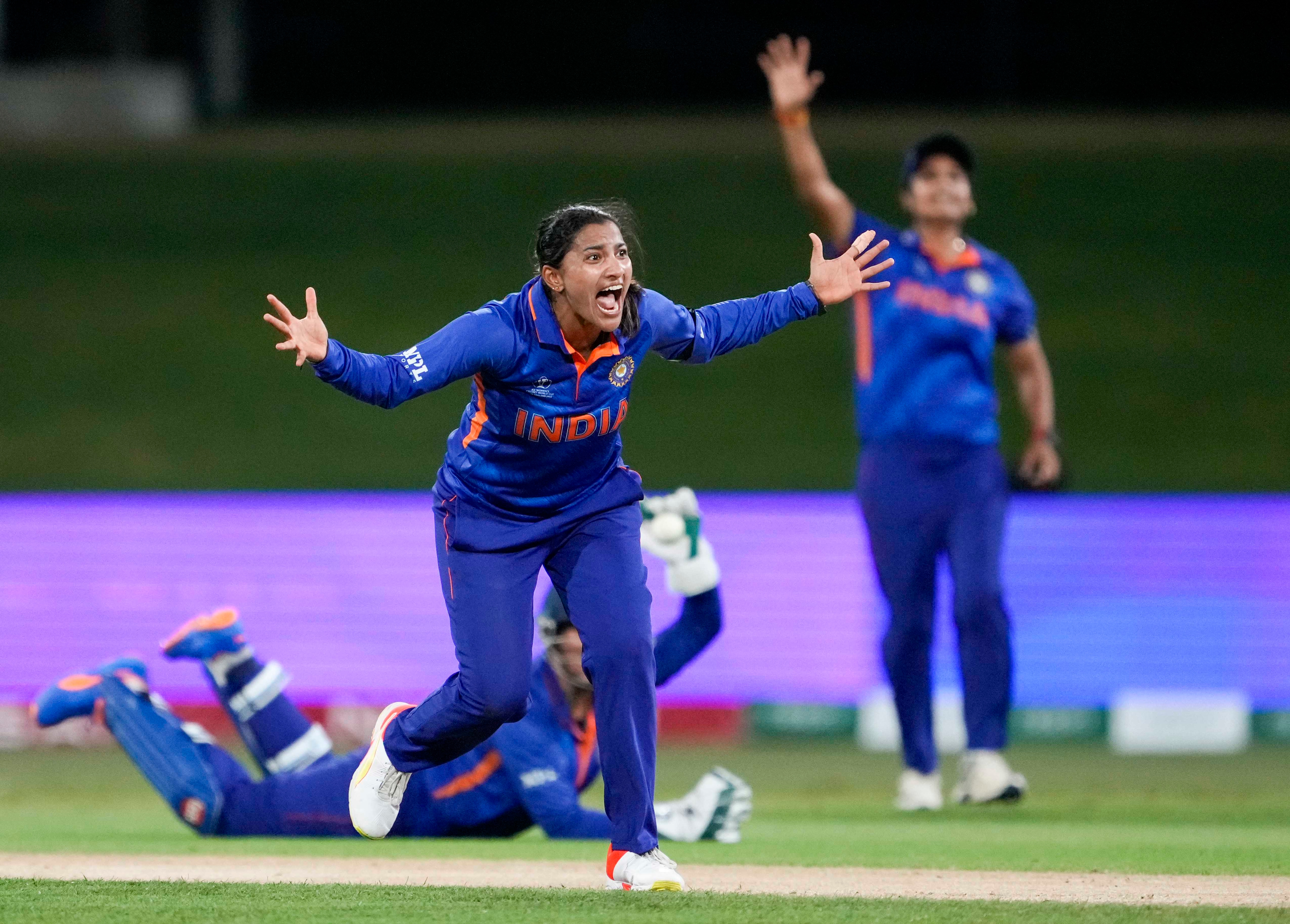 Sneh Rana celebrates after picking a wicket. (AP) Sneh Rana celebrates after picking a wicket. (AP)