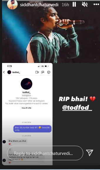 Siddhant Chaturvedi shared a conversation with MC Tod Fod. Siddhant Chaturvedi shared a conversation with MC Tod Fod. 