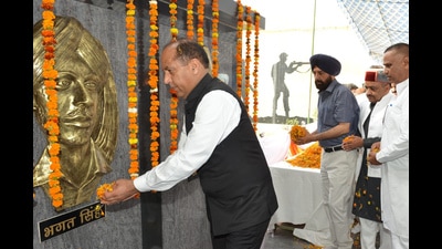Himachal CM Jai Ram Thakur during the inauguration of the Martyrs Memorial at Nalagarh Heritage Park on Wednesday. (HT Photo)