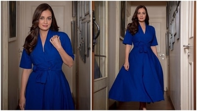 Dia Mirza often makes a statement with her impeccable fashion sense. The outfits she picks goes beyond just style. In her most recent Instagram post, the Rehnaa Hai Terre Dil Mein actor can be seen twirling in a comfortable relaxed fit pure cotton royal blue dress made from pure fabrics. (Instagram/@diamirzaofficial) Dia Mirza often makes a statement with her impeccable fashion sense. The outfits she picks goes beyond just style. In her most recent Instagram post, the Rehnaa Hai Terre Dil Mein actor can be seen twirling in a comfortable relaxed fit pure cotton royal blue dress made from pure fabrics. (Instagram/@diamirzaofficial)