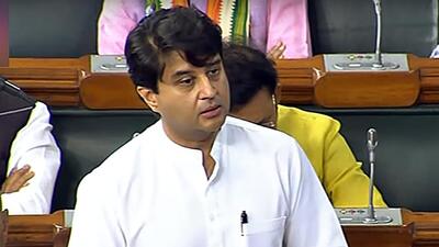 Union minister for civil aviation Jyotiraditya Scindia speaks in the Lok Sabha during the second part of Budget Session of Parliament, in New Delhi on Wednesday. (ANI) Union minister for civil aviation Jyotiraditya Scindia speaks in the Lok Sabha during the second part of Budget Session of Parliament, in New Delhi on Wednesday. (ANI)