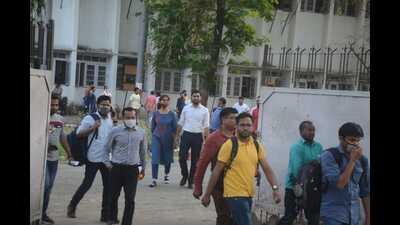 Candidates coming out of a centre after appearing in PCS (Mains)-2021 in Prayagraj on Wednesday . (HT photo) Candidates coming out of a centre after appearing in PCS (Mains)-2021 in Prayagraj on Wednesday . (HT photo)