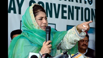 Peoples Democratic Party president Mehbooba Mufti addresing a party convention in Jammu on Wednesday. (ANI)