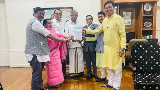 NPP legislators submitting a letter of support to Manipur governor Las Ganesan at Raj Bhavan in Imphal on Wednesday