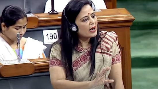 Mahua Moitra speaks in the Lok Sabha during the second part of Budget Session of Parliament, in New Delhi on Tuesday.