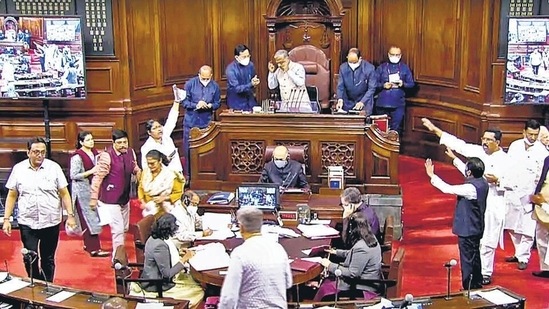 Protests in Rajya Sabha against the fuel price hike, in Parliament on Tuesday. (ANI) Protests in Rajya Sabha against the fuel price hike, in Parliament on Tuesday. (ANI)