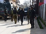 Police conducting a search operation at the Zoonimar area of Srinagar where the encounter took place on Tuesday.(HT/Waseem Andrabi) Police conducting a search operation at the Zoonimar area of Srinagar where the encounter took place on Tuesday.(HT/Waseem Andrabi)