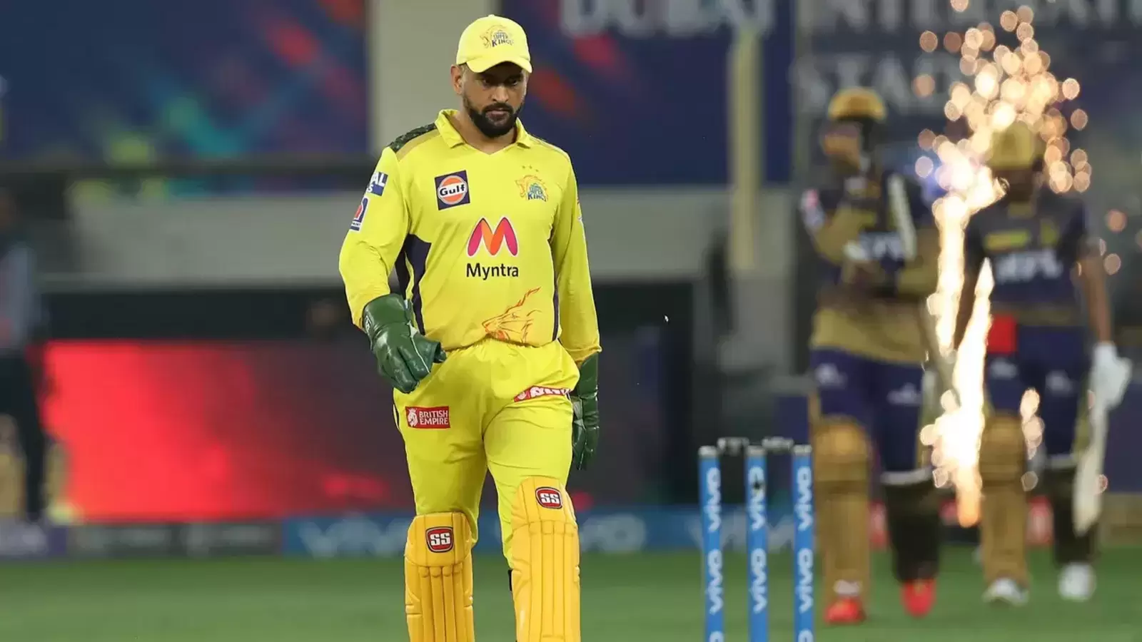 Dhoni walking to the crease during an ipl game