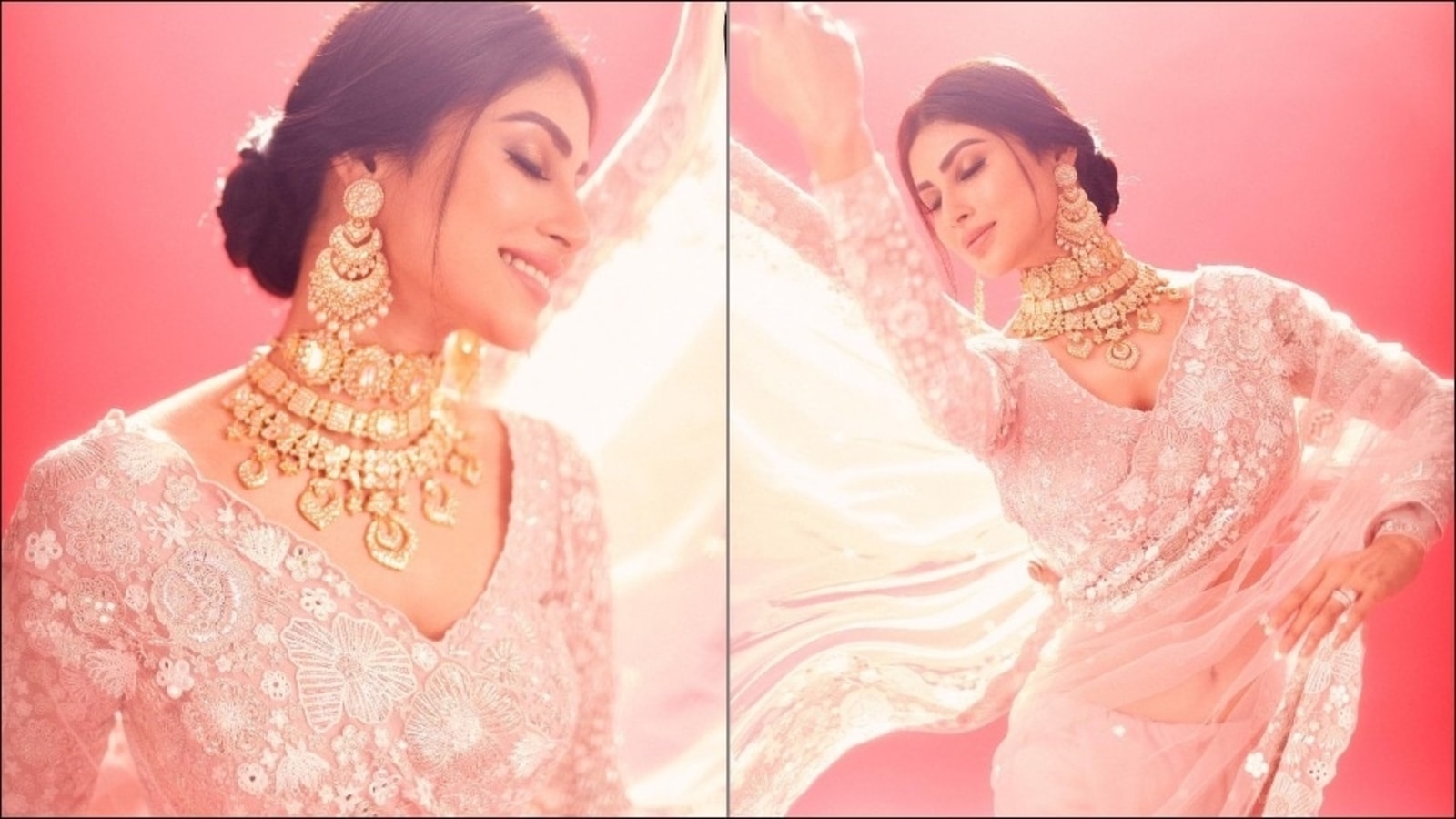 Mouni Roy dazzles in a blush pink floral saree and we can't take our eyes off