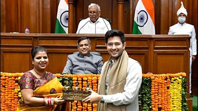 AAP MLA Raghav Chadha being felicitated in Delhi legislative assembly on Thursday. (ANI) AAP MLA Raghav Chadha being felicitated in Delhi legislative assembly on Thursday. (ANI)