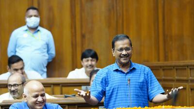 Delhi chief minister Arvind Kejriwal addresses the budget session of the Delhi Assembly, on Thursday. (HT)