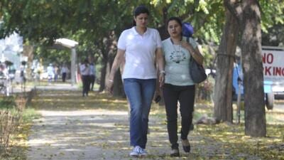 Women walking under the shade of trees amid the sweltering weather in Chandigarh. (Keshav Singh/HT)